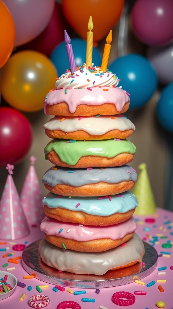 Birthday Donut Cake Recipe A birthday donut cake with stacked donuts, glazed and decorated with sprinkles, on a festive table.